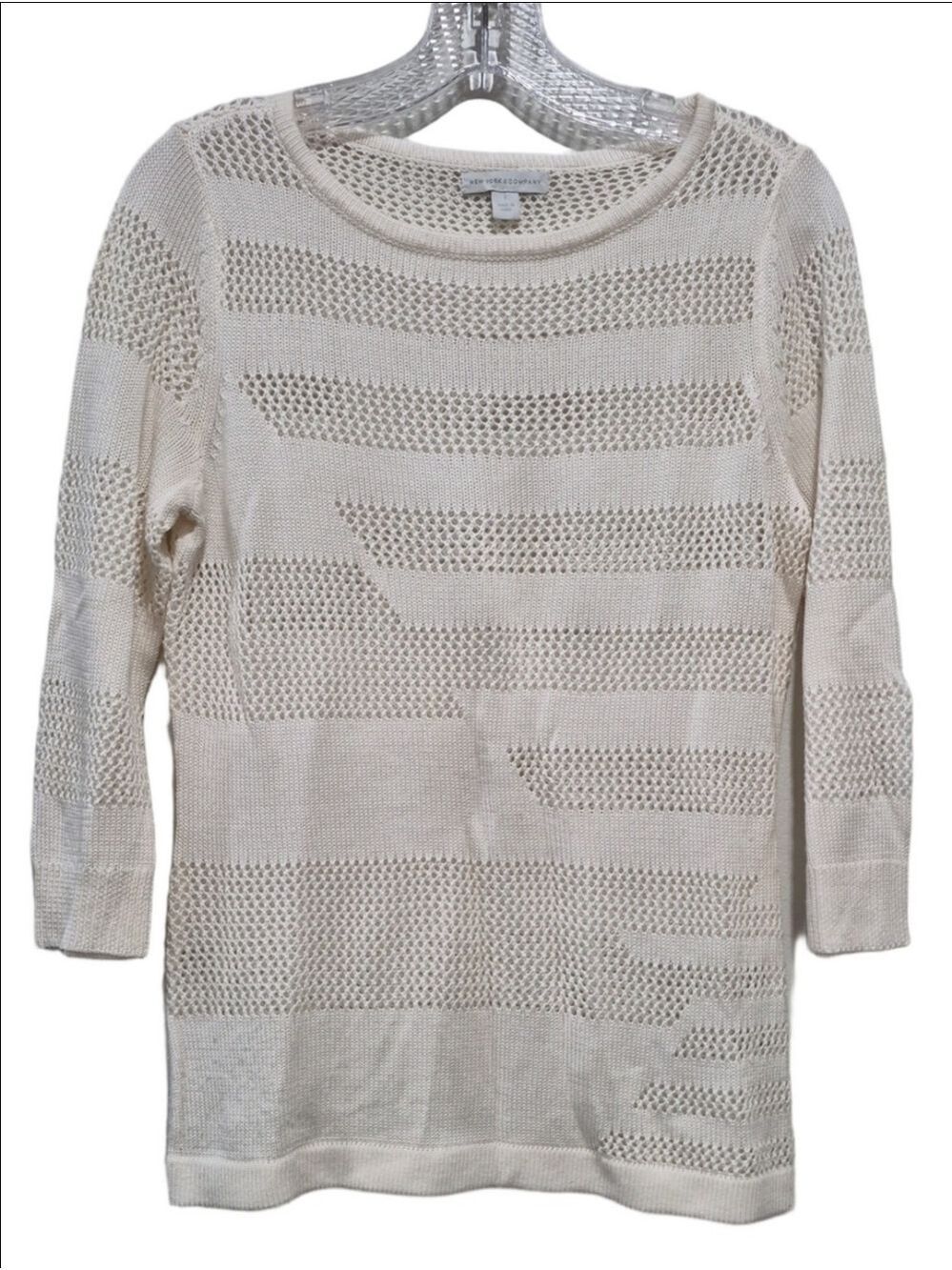 New York & Company Cream Open Knit Crochet Pullover Sweater Small